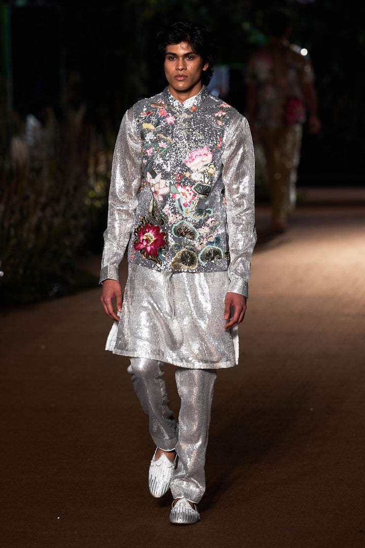 Padma Silk Organza Bandi with Classic Hand-Sequinned Kurta and Sequinence Trousers in Ivory and Silver