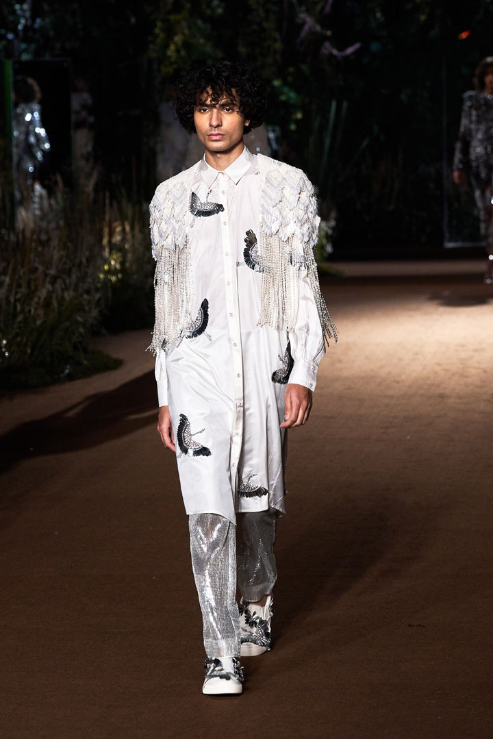 Kingfisher Bird Hand-Embroidered Shirt with Iris Cape and Sequinence Hand-Sequinned Trousers in Ivory, Gold, and Silver
