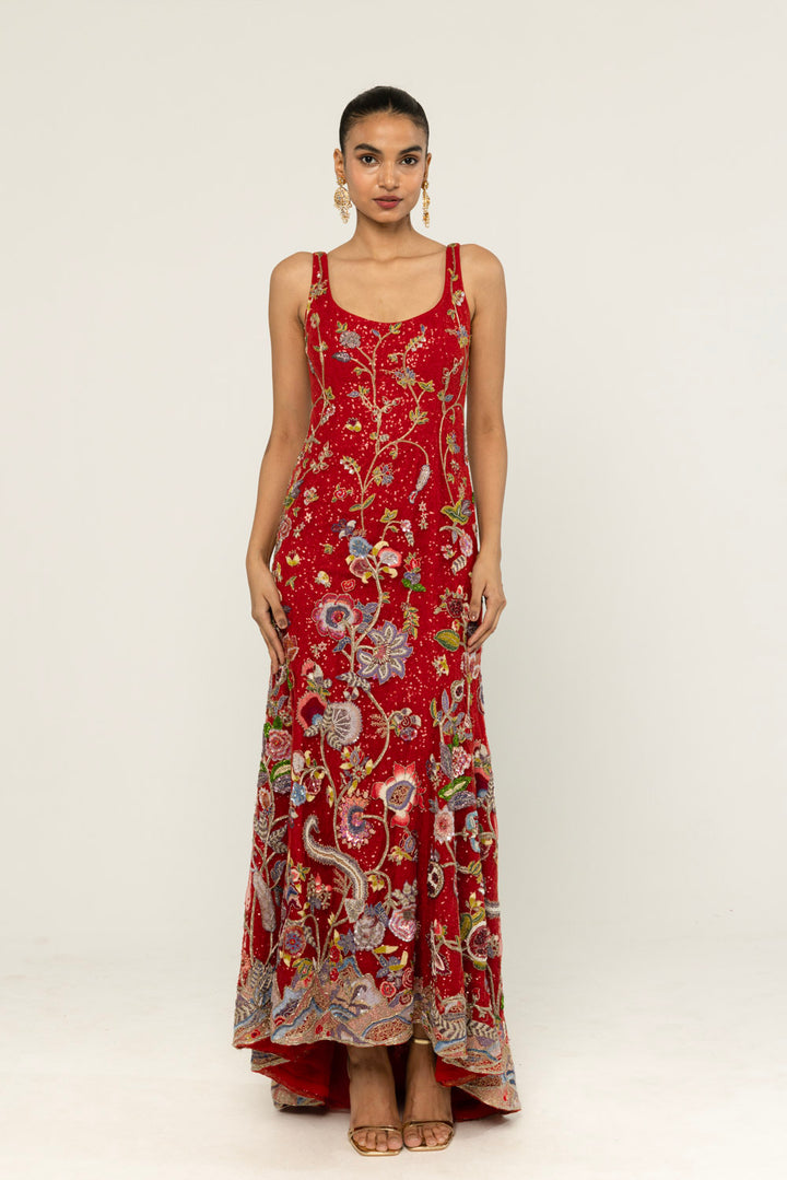Anar Bel Hand-Embroidered Gown in Red