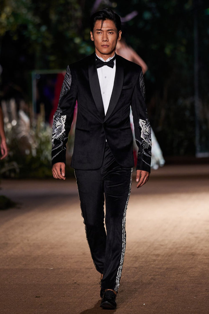 Sundarbans Silk Velvet Jacket with Classic Hand-Embroidered Shirt and Hand-Sequinned Trousers in Black and White