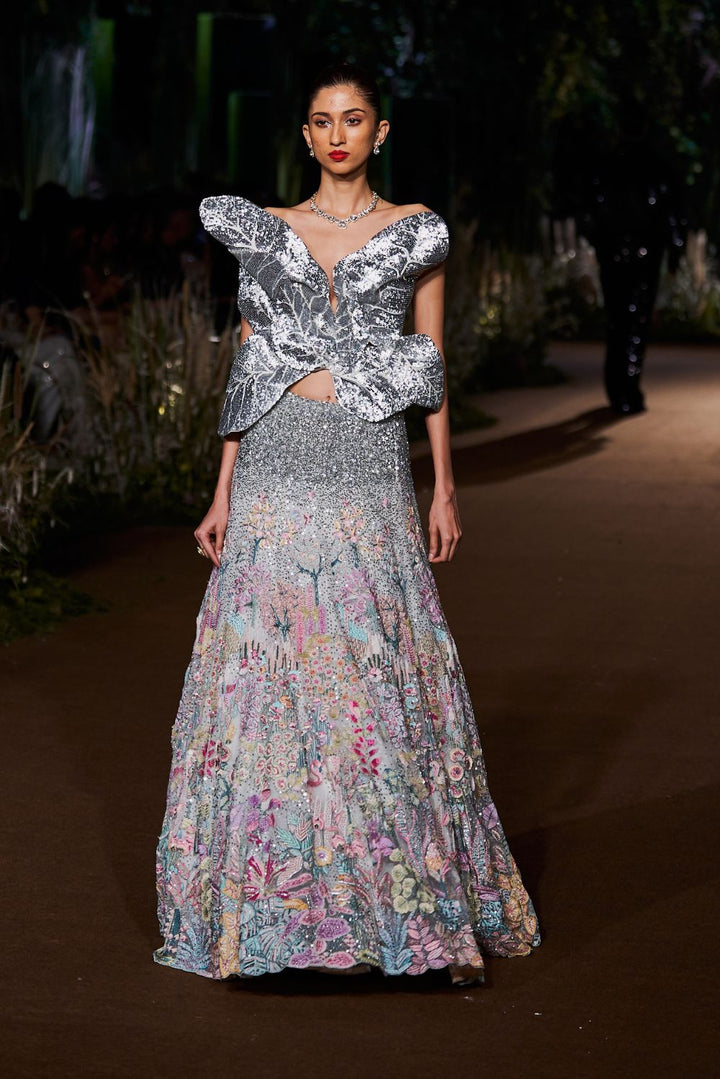 Verdure Silk Organza Lehenga with Iris Silk Organza Corset in Ivory, Multi, and Silver