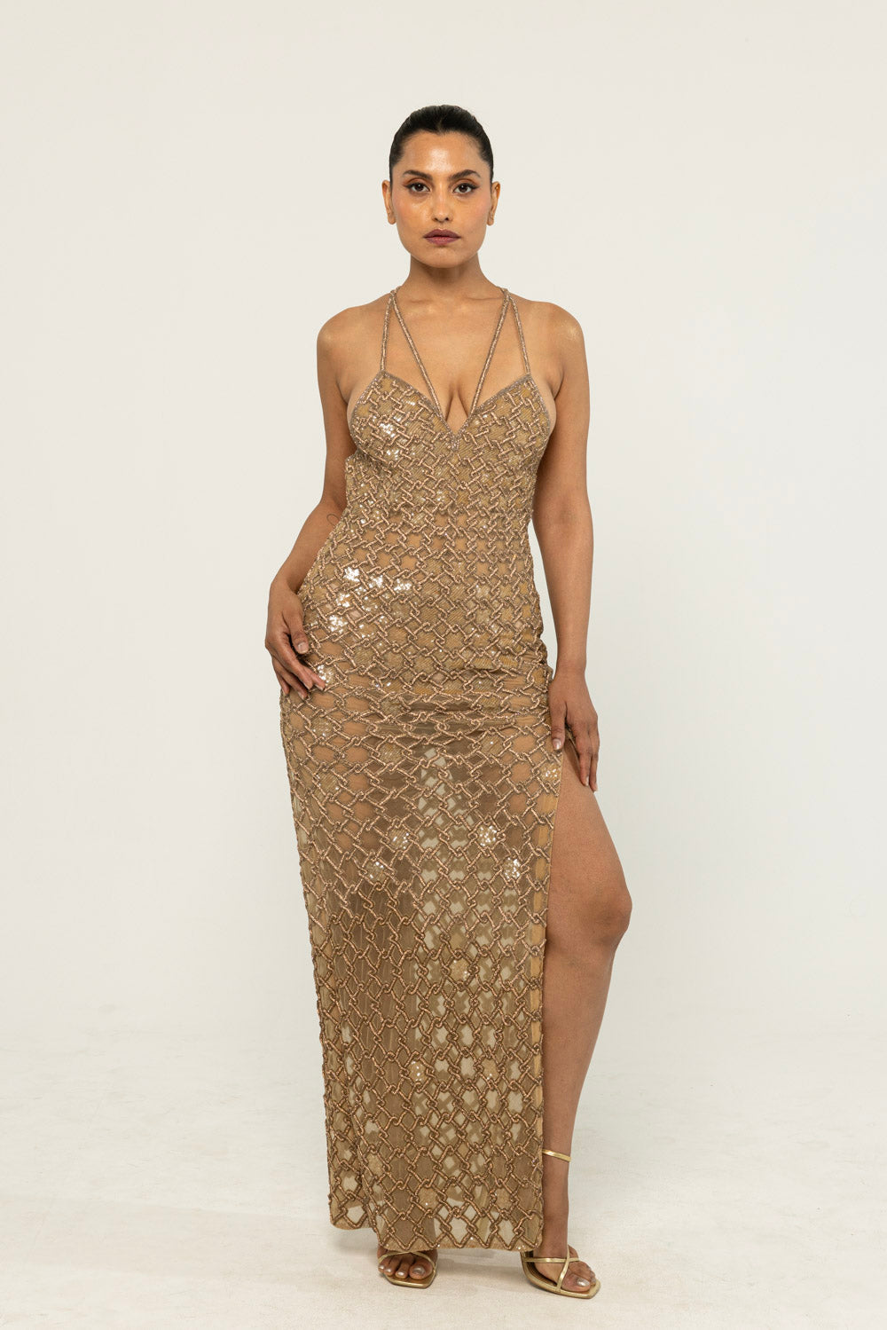 Lattice Hand-Embroidered Gown in Nude Rahul Mishra Lattice Hand-Embroidered Gown in Nude Rahul Mishra