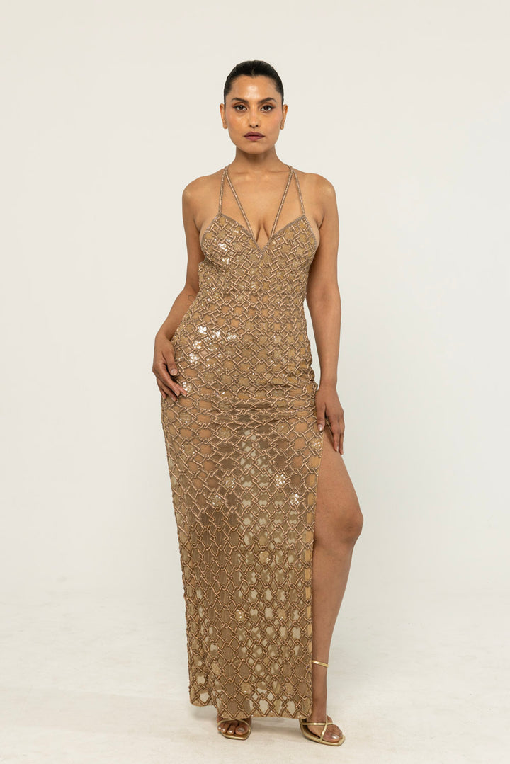 Lattice Hand-Embroidered Gown in Nude