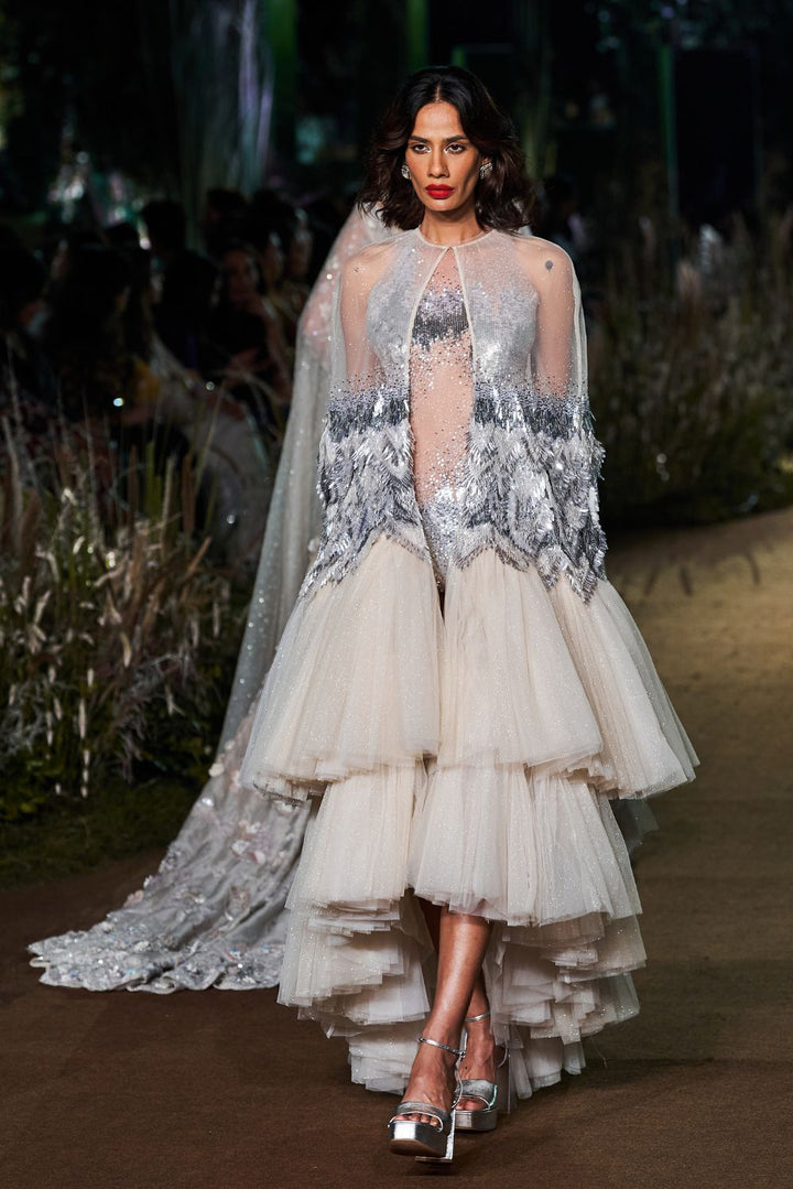 Iris Hand-Embroidered Cape with Classic Hand-Embroidered Leotard in Ivory and Silver
