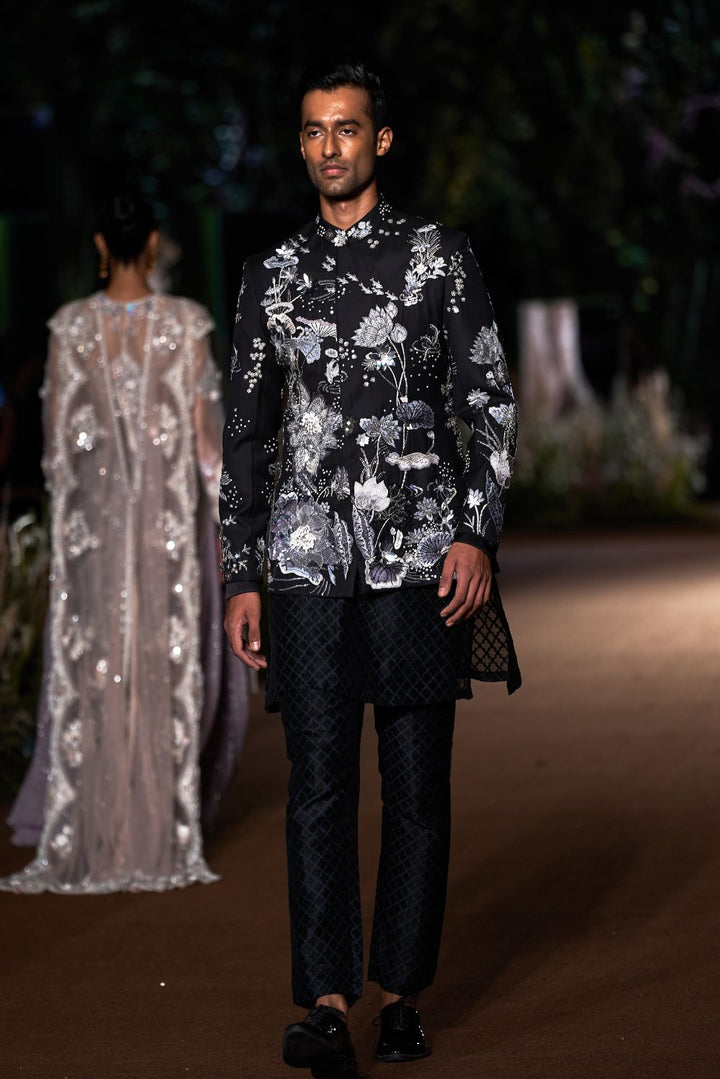 Sundarbans Hand-Embroidered Bandhgala with Classic Kurta and Trousers in Black and Grey