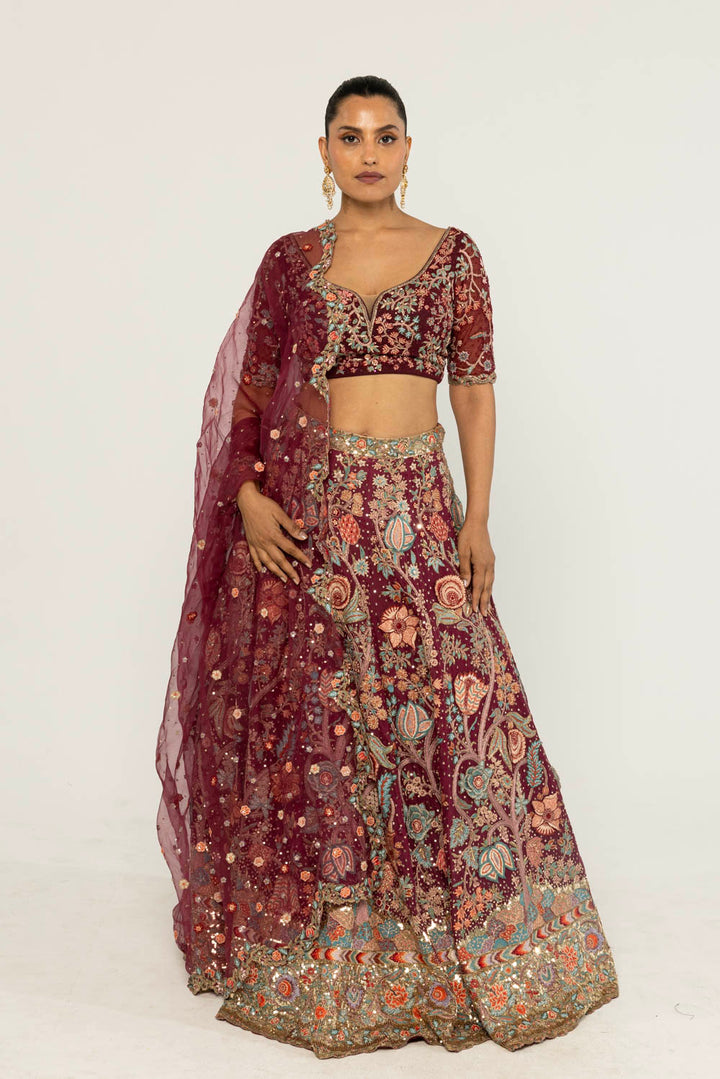 Chintz Hand-Embroidered Lehenga Set in Burgundy