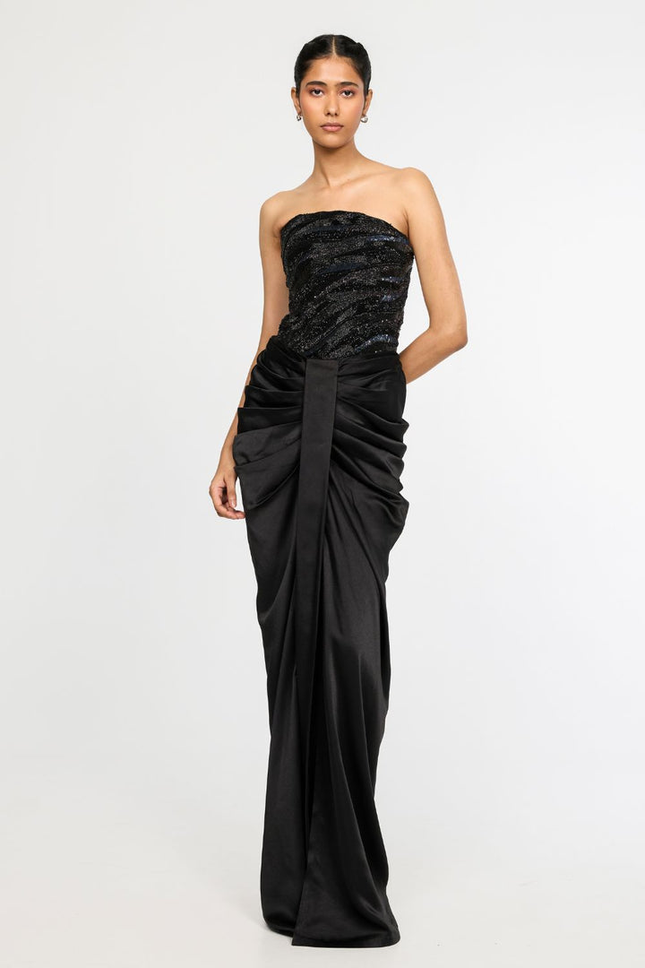 Surreal Space Black Embroidered Corset &amp; Classic Draped Skirt