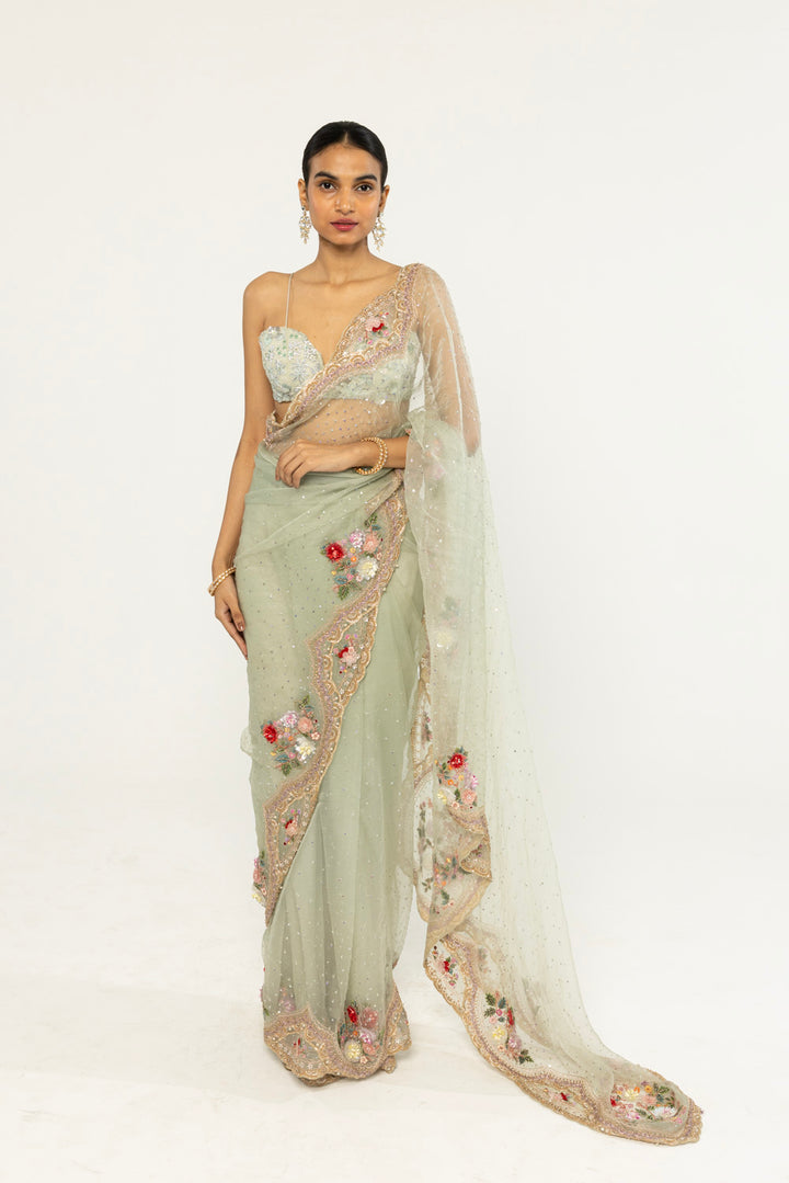 Himadri Hand-Embroidered Saree Set in Mint
