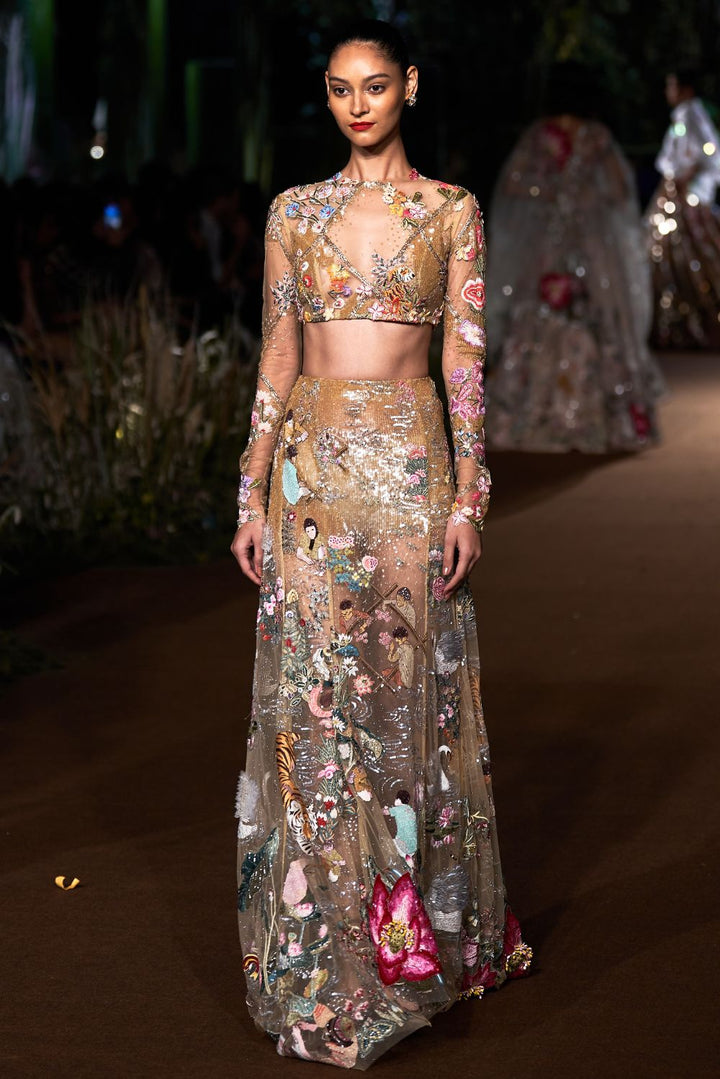 Sundarbans Hand-Embroidered Skirt with Blouse in Nude and Multi