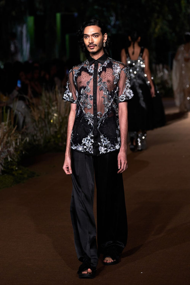 Sundarbans Hand-Embroidered Shirt with Sequinence Hand-Sequinned Trousers in Black and Grey