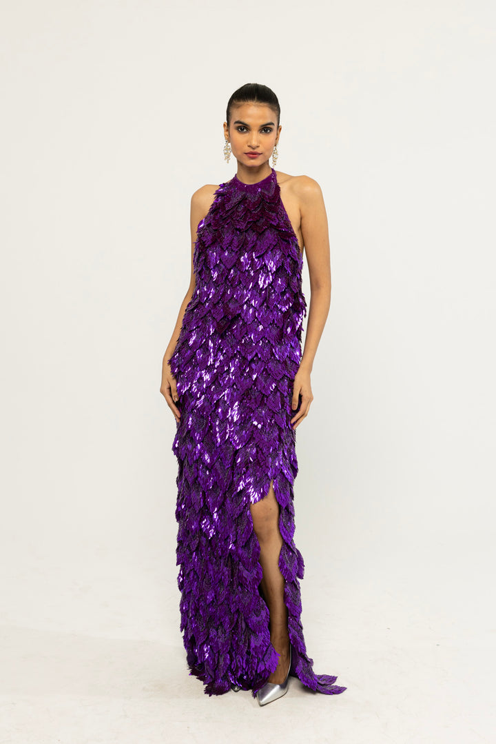 Iris Hand-Embroidered Gown in Purple