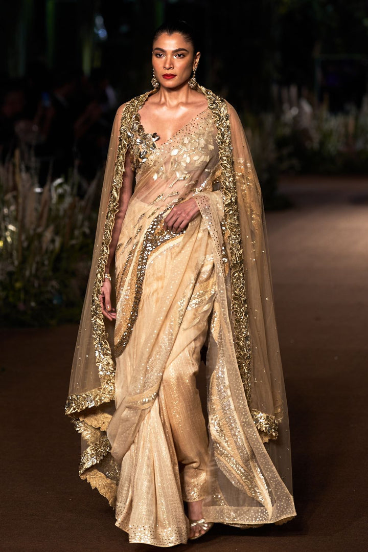 Water Wave 3D Hand-Embroidered Saree with Verdure Blouse and Tree Of Life Dupatta in Nude and Gold