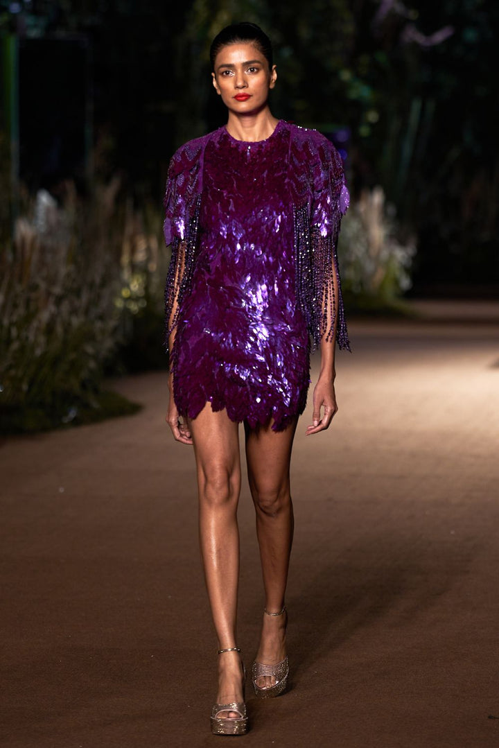 Iris Hand-Embroidered Cape with Dress in Gold and Purple
