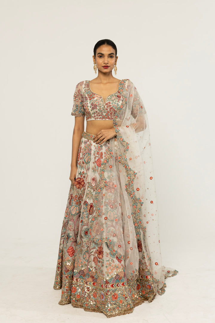 Chintz Hand-Embroidered Lehenga Set in Ivory