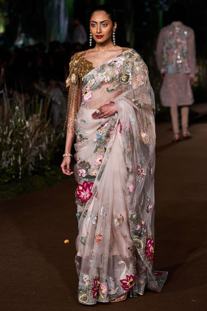 Padma Silk Organza Saree with Iris Hand-Sequinned Blouse and Hand-Embroidered Cape in Rose Pink and Gold