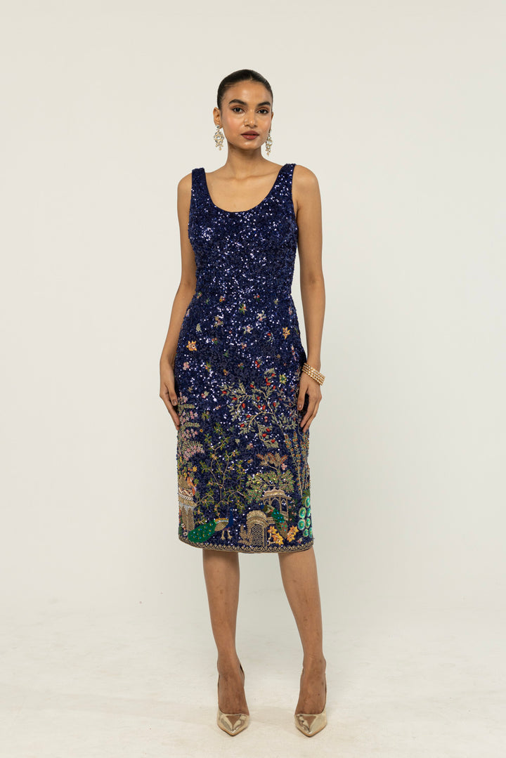 Jharokha Hand-Embroidered Dress in Navy