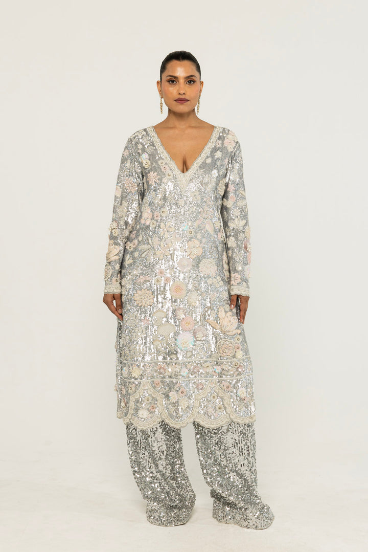 Himadri Hand-Embroidered Kurta Set in Silver