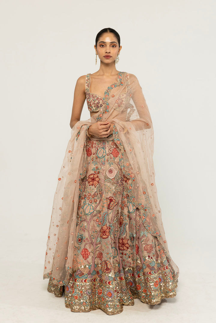 Chintz Hand-Embroidered Lehenga Set in Pastel Peach