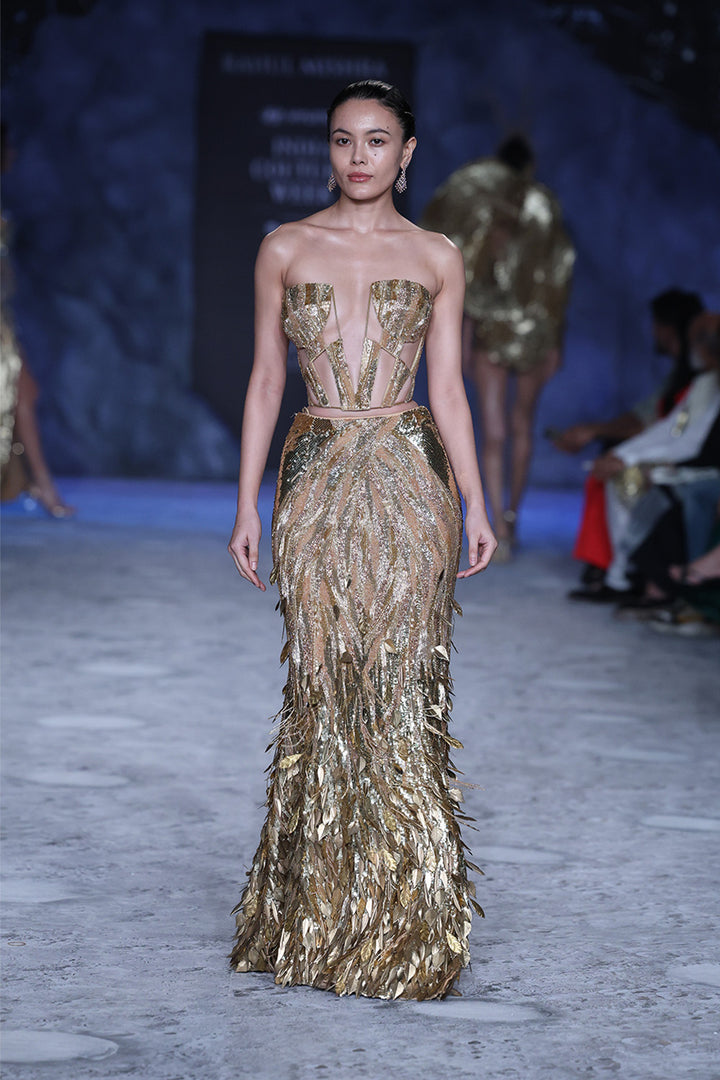 Surreal Space Gold Hand-Embroidered Corset &amp; Skirt Set in Nude and Gold