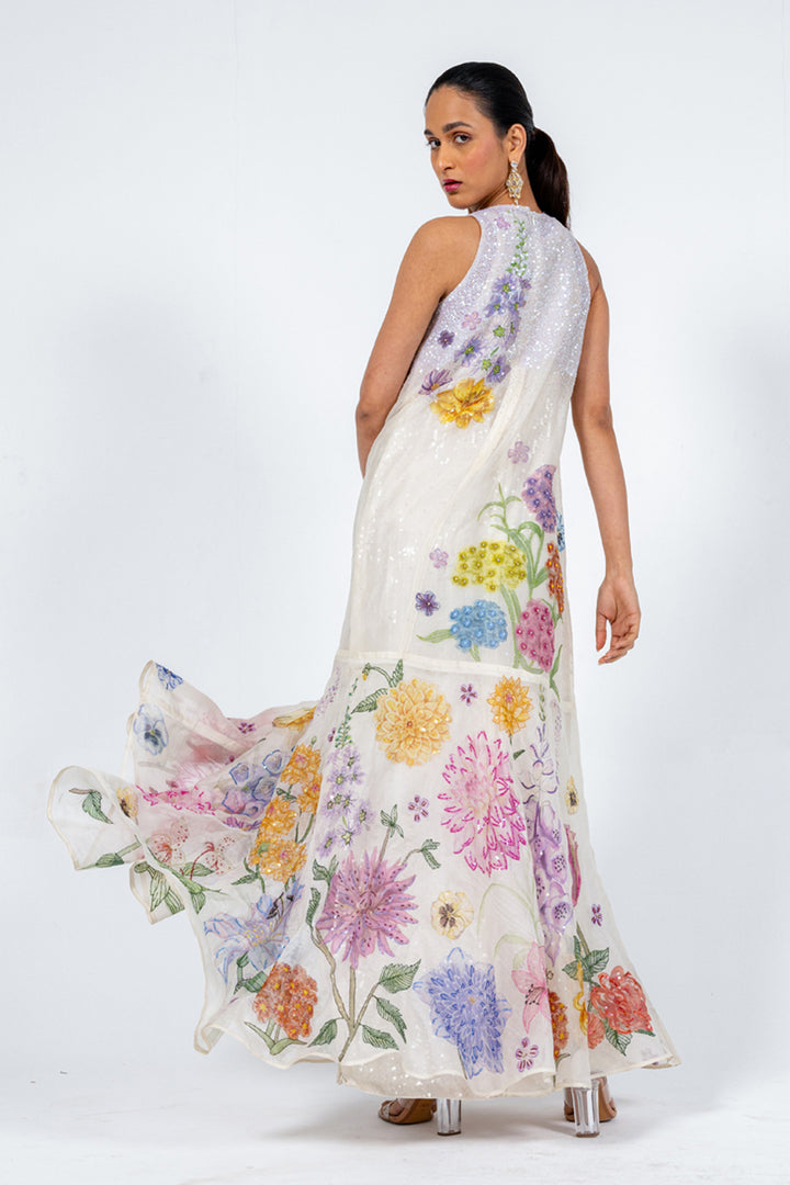 Valley Of Flowers Silk Organza A-Line Dress with Hand-Sequinned Inner in Ivory and Pink Ombre