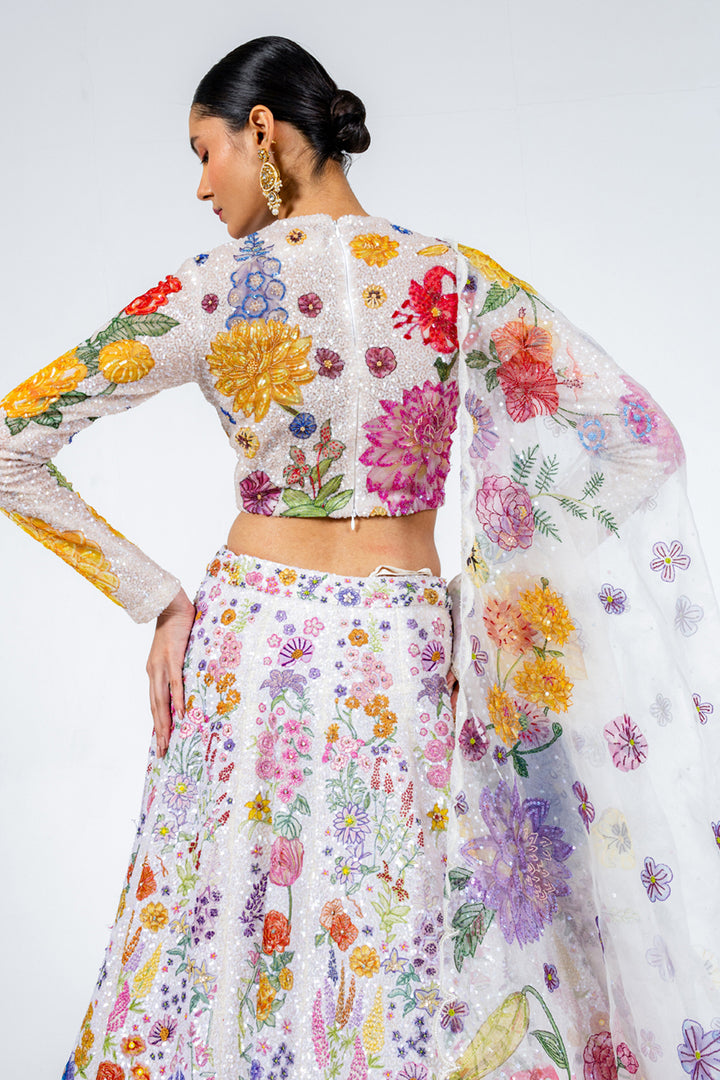 Valley Of Flowers Silk Organza Kalidar Lehenga with Silk Satin Blouse &amp; Organza Dupatta in Ivory and Mint
