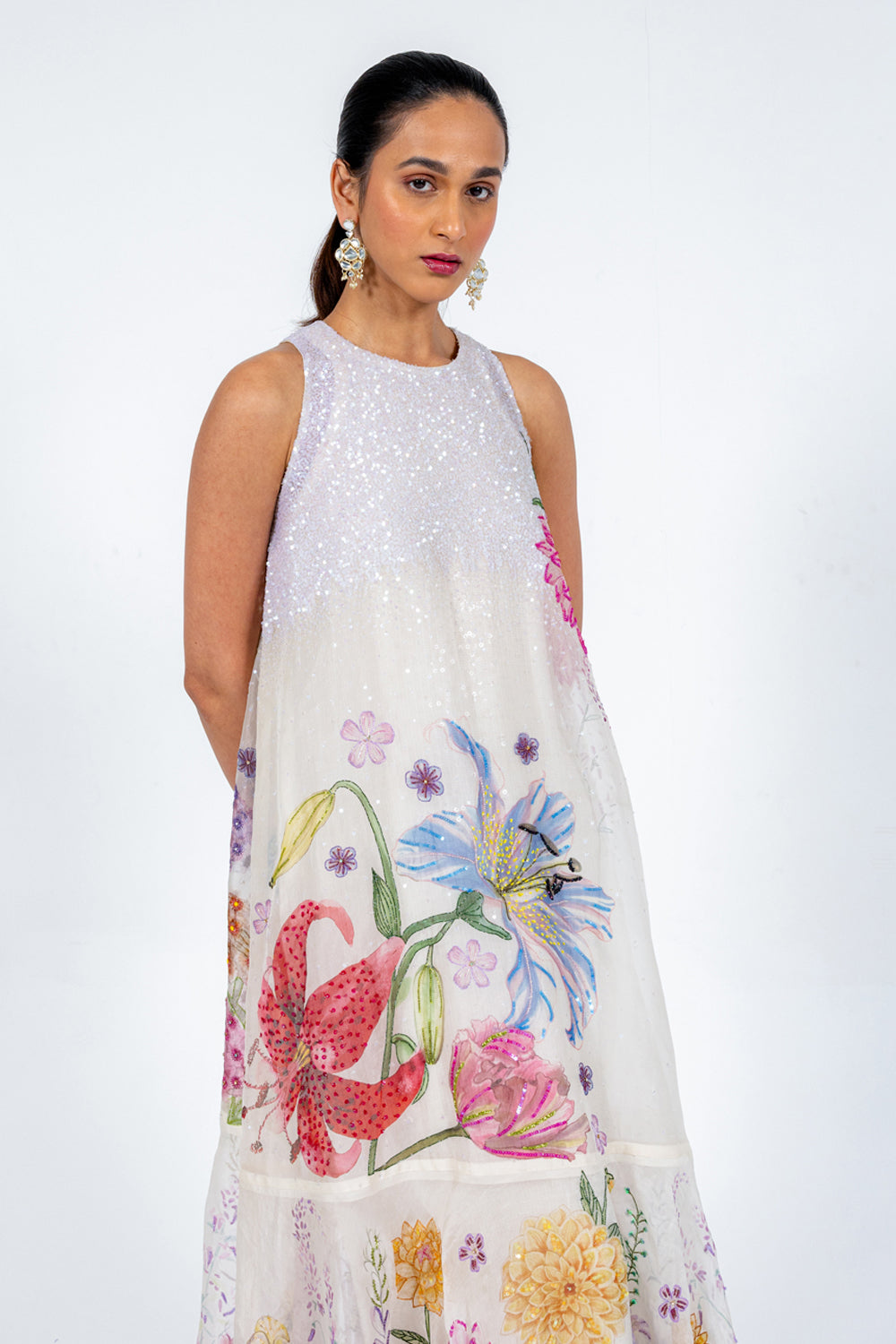 Valley Of Flowers Silk Organza A-Line Dress with Hand-Sequinned Inner in Ivory and Pink Ombre