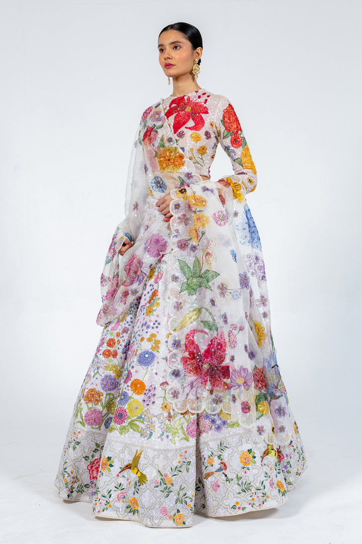 Valley Of Flowers Silk Organza Kalidar Lehenga with Silk Satin Blouse &amp; Organza Dupatta in Ivory and Mint