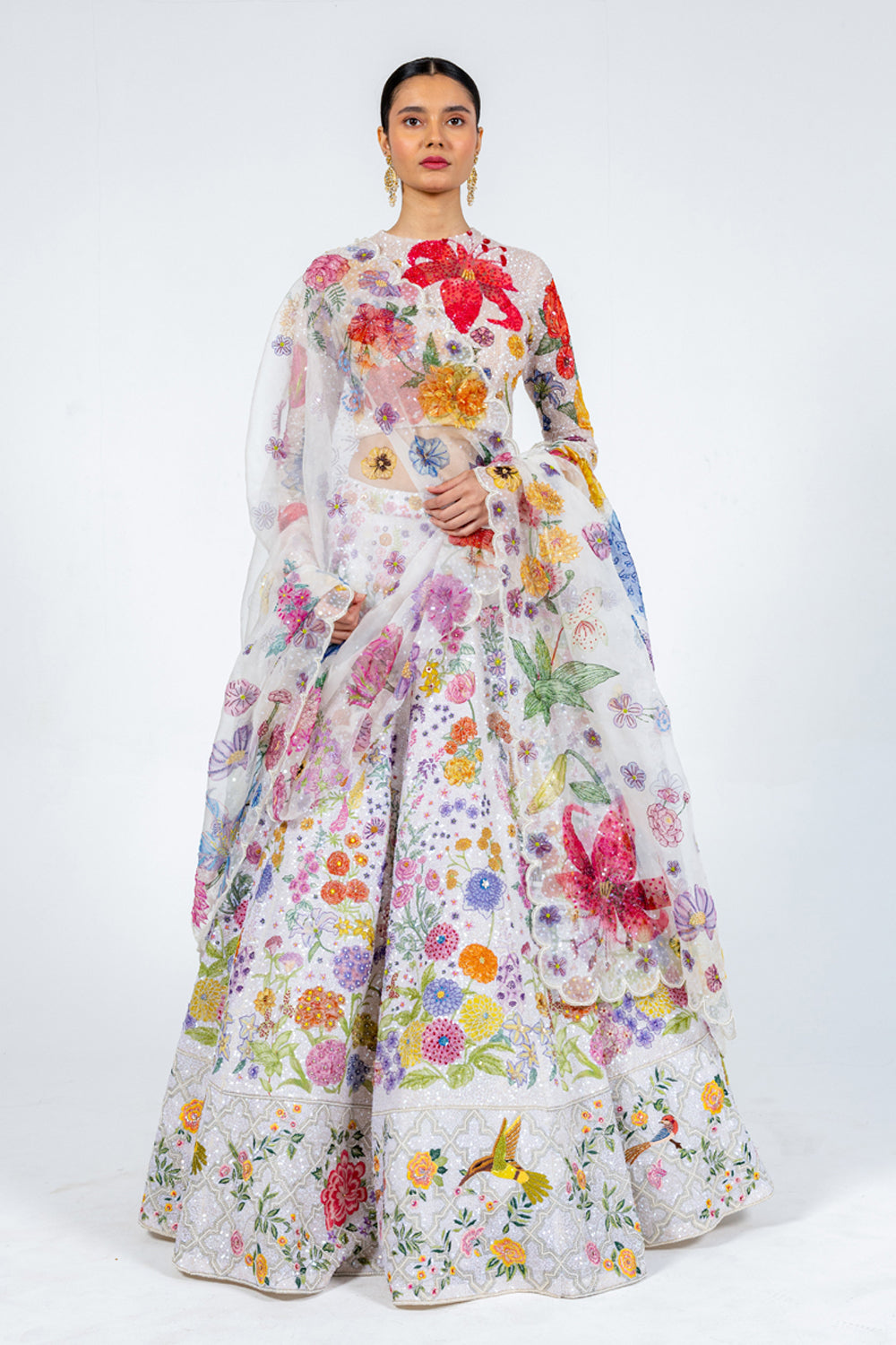 Valley Of Flowers Silk Organza Kalidar Lehenga with Silk Satin Blouse &amp; Organza Dupatta in Ivory and Mint