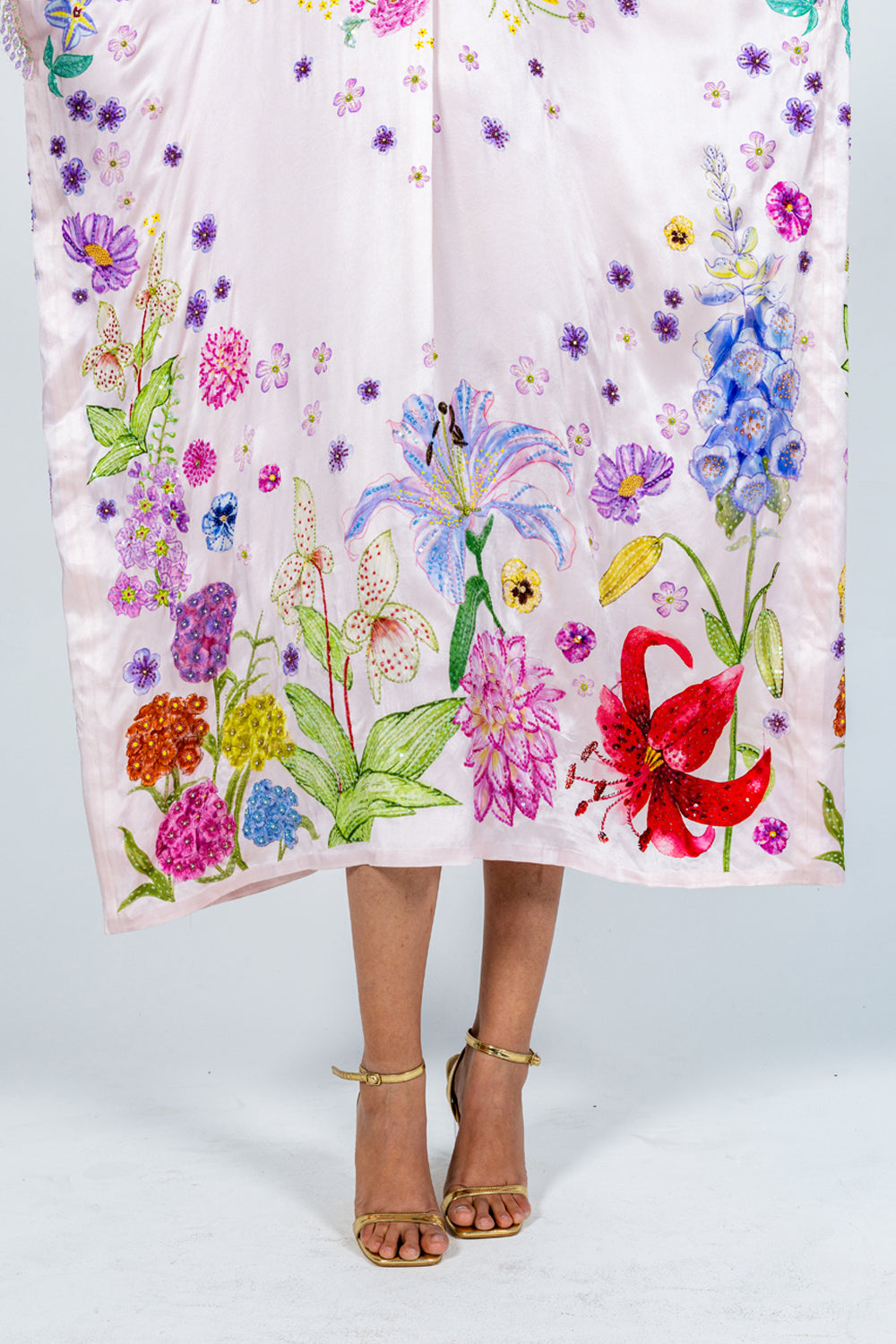 Valley Of Flowers Silk Satin Kaftan in Pink