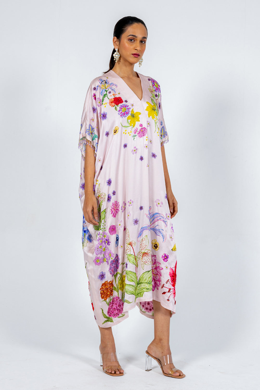 Valley Of Flowers Silk Satin Kaftan in Pink