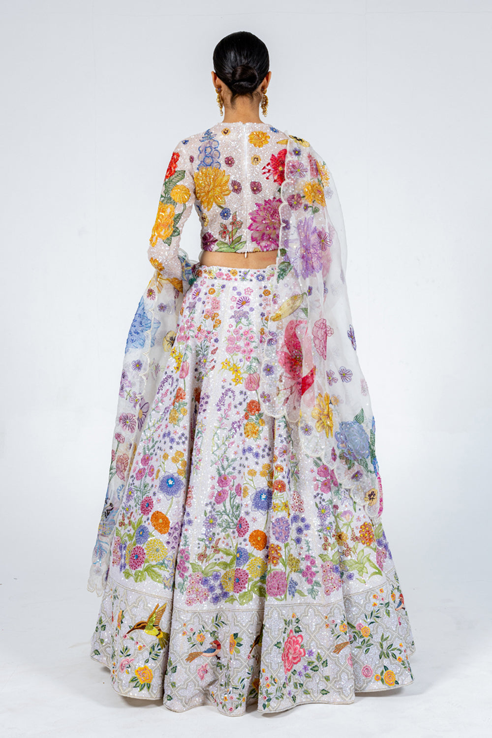 Valley Of Flowers Silk Organza Kalidar Lehenga with Silk Satin Blouse &amp; Organza Dupatta in Ivory and Mint