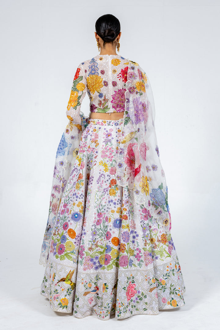 Valley Of Flowers Silk Organza Kalidar Lehenga with Silk Satin Blouse &amp; Organza Dupatta in Ivory and Mint