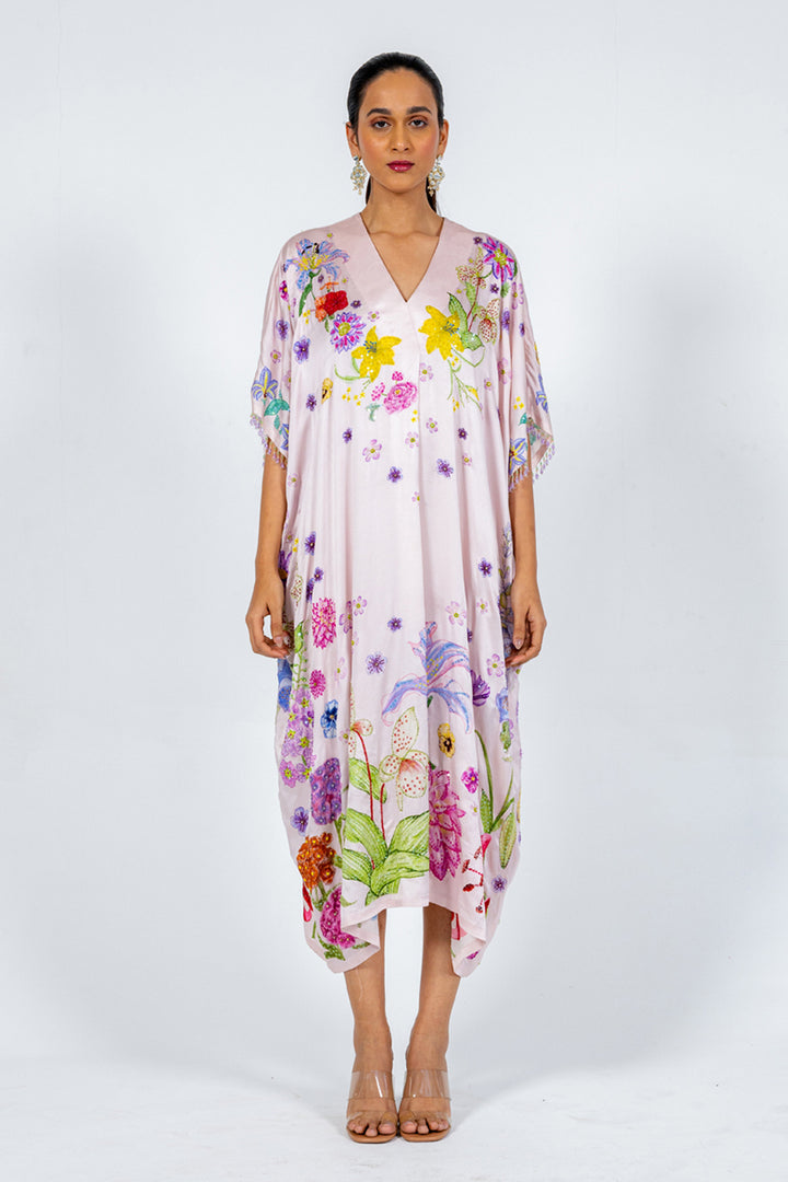 Valley Of Flowers Silk Satin Kaftan in Pink