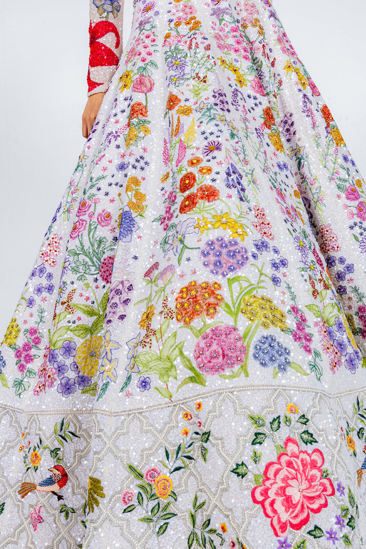 Valley Of Flowers Silk Organza Kalidar Lehenga with Silk Satin Blouse &amp; Organza Dupatta in Ivory and Mint