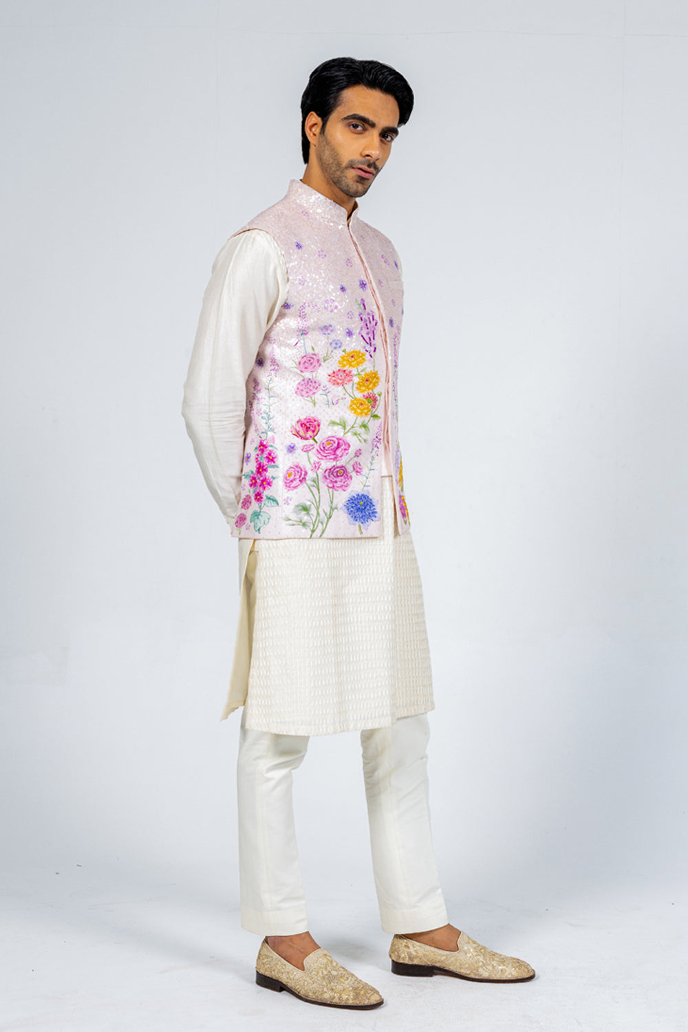 Valley Of Flowers Hand-Embroidered Bandi in Pink