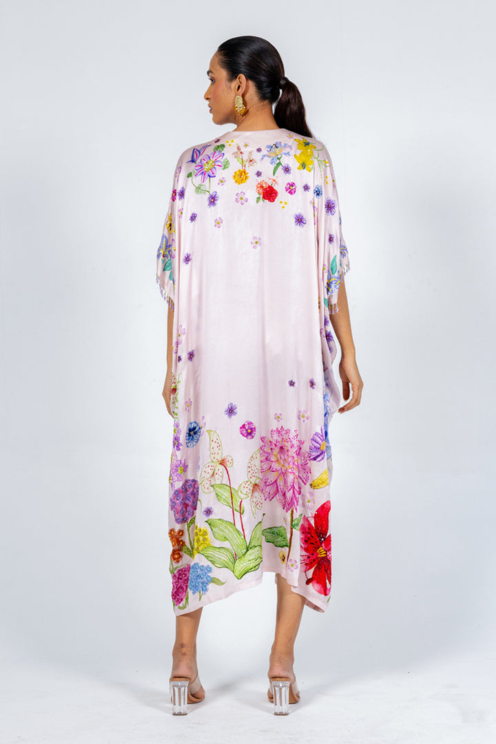 Valley Of Flowers Silk Satin Kaftan in Pink