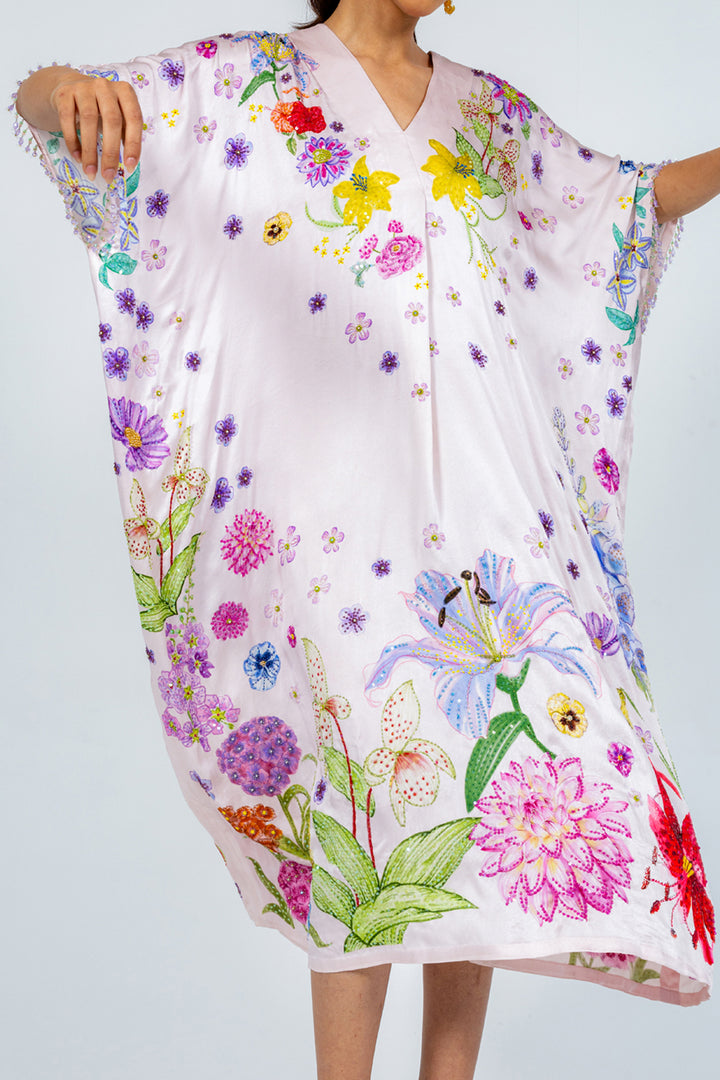 Valley Of Flowers Silk Satin Kaftan in Pink