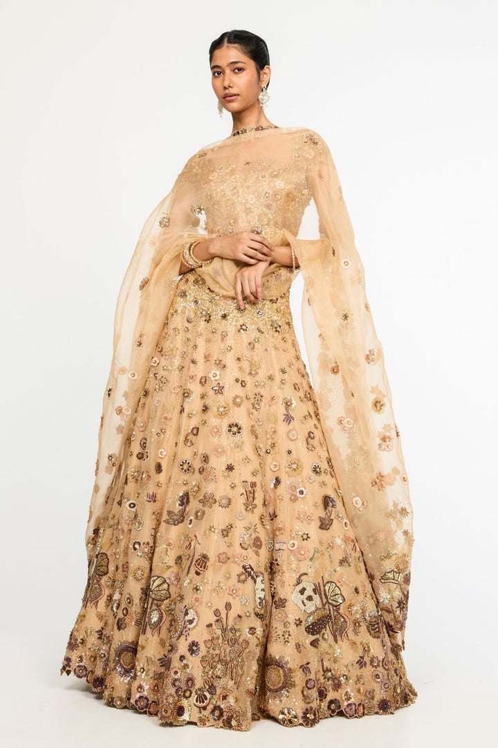 Garden Of Time Hand-Embroidered Blouse with Dupatta &amp; Lehenga in Nude and Bronze