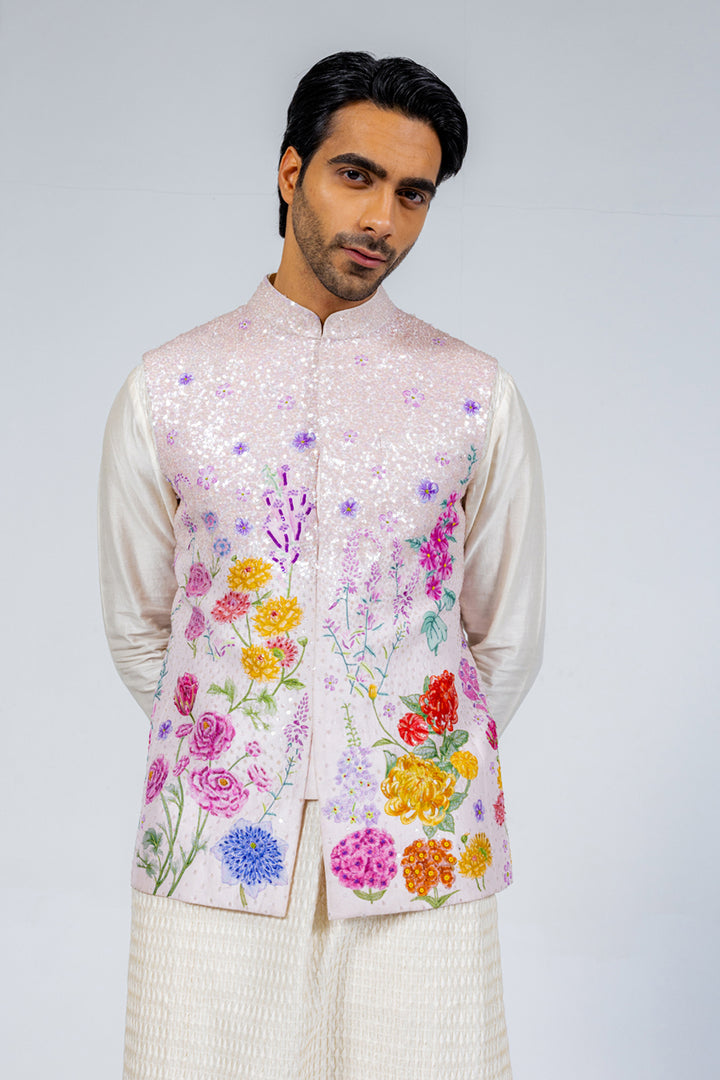 Valley Of Flowers Hand-Embroidered Bandi in Pink