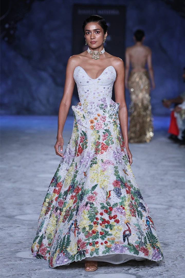Bird Song Hand-Embroidered Lehenga with Hand-Embroidered Corset in Ivory