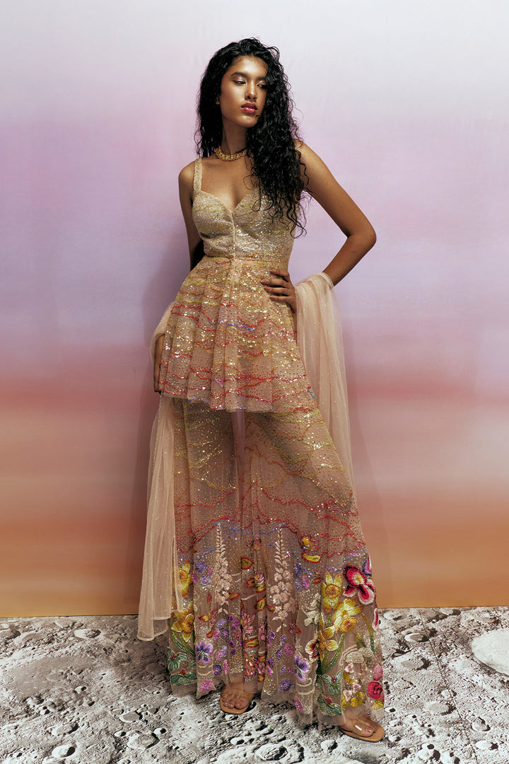 Corbett Hand-Embroidered Kurta, Sharara and Hand-Sequinned Dupatta Set in Blush Pink