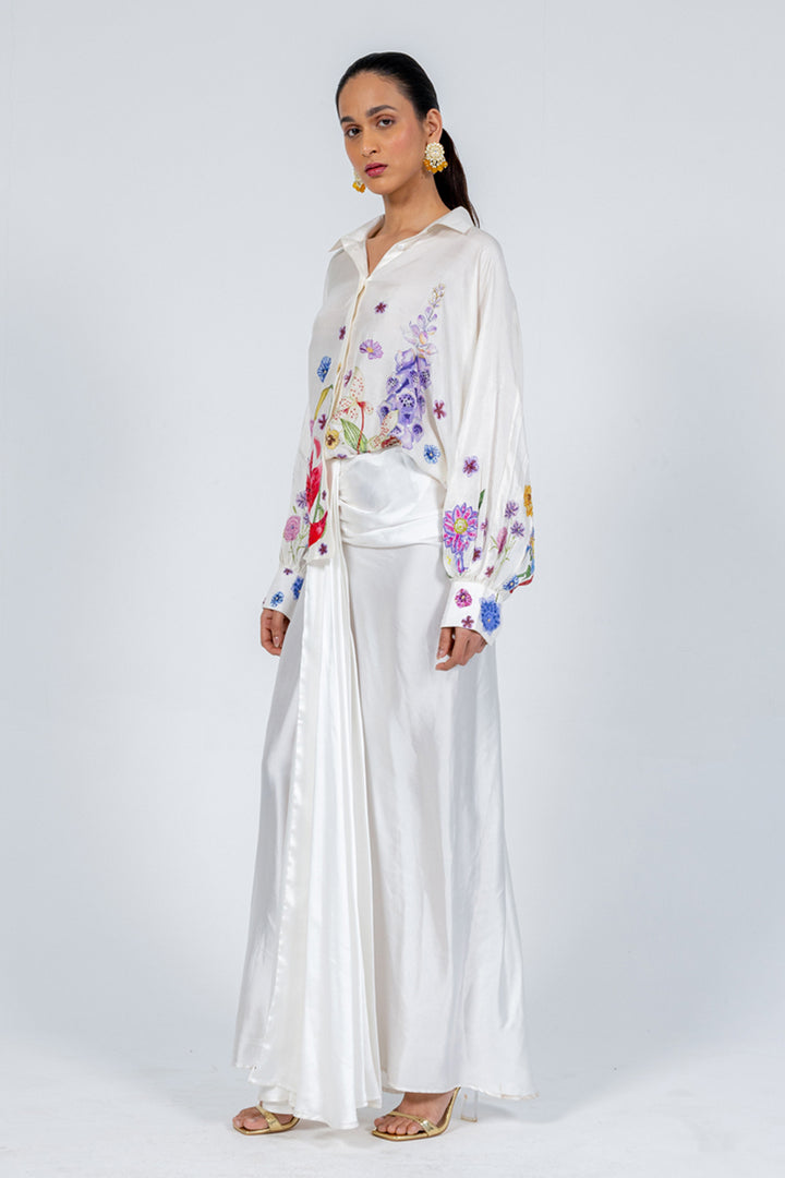 Valley Of Flowers Hand-Embroidered Shirt with Silk Satin Skirt in Ivory