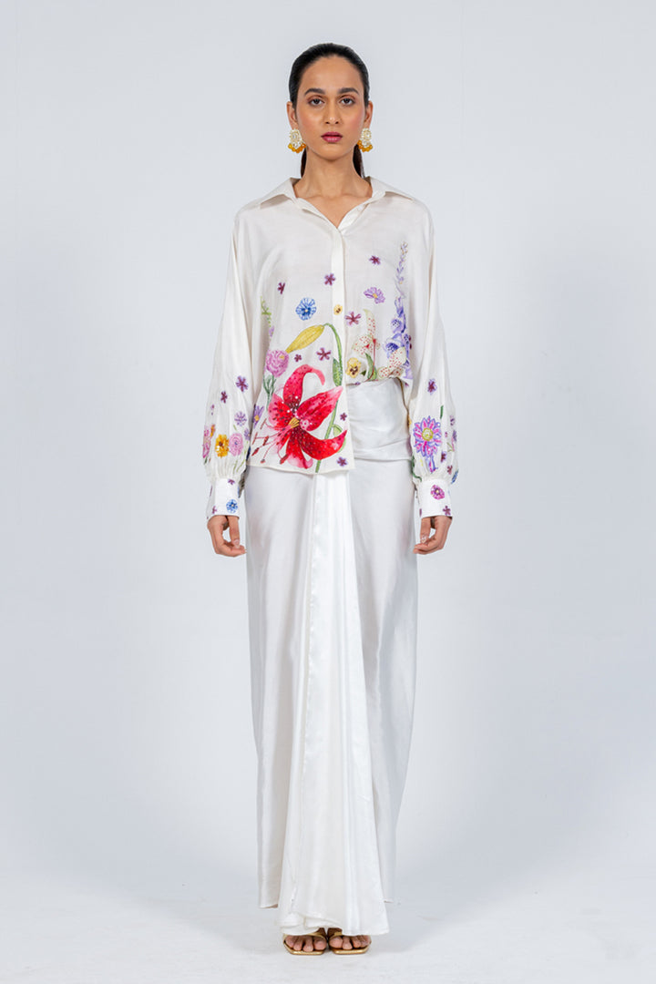 Valley Of Flowers Hand-Embroidered Shirt with Silk Satin Skirt in Ivory