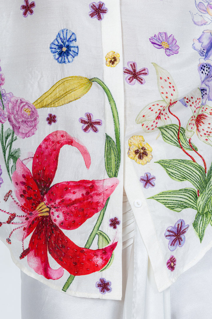 Valley Of Flowers Hand-Embroidered Shirt with Silk Satin Skirt in Ivory