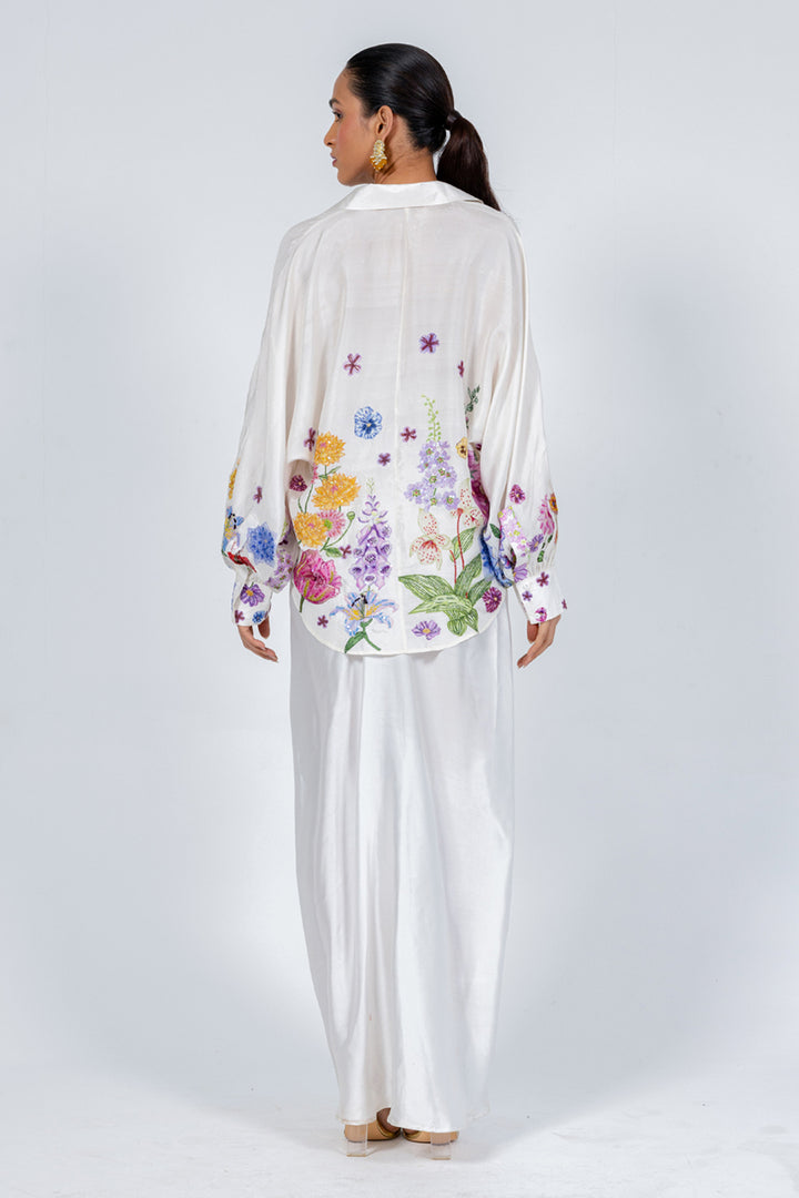 Valley Of Flowers Hand-Embroidered Shirt with Silk Satin Skirt in Ivory