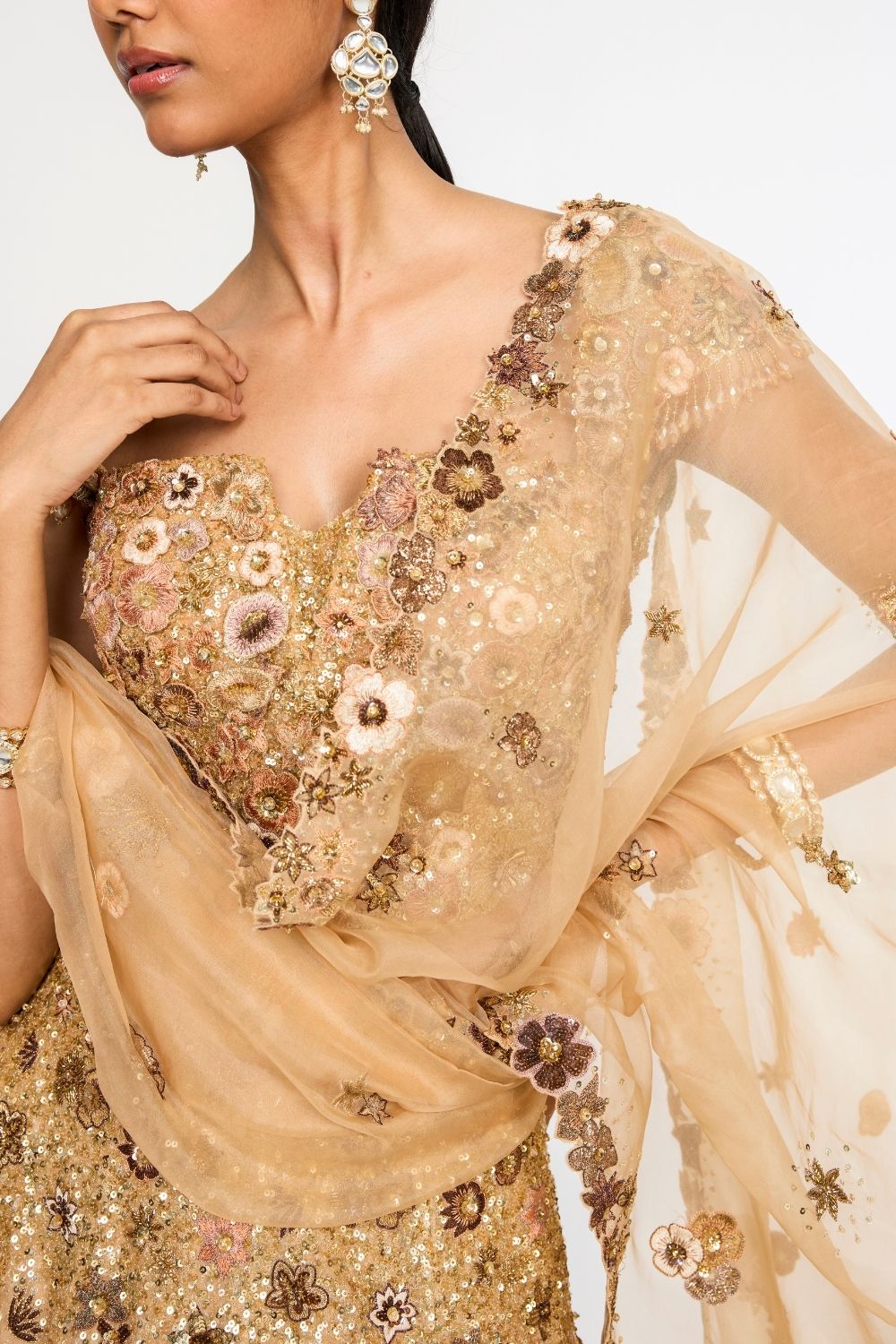 Garden Of Time Hand-Embroidered Blouse with Dupatta &amp; Lehenga in Nude and Bronze