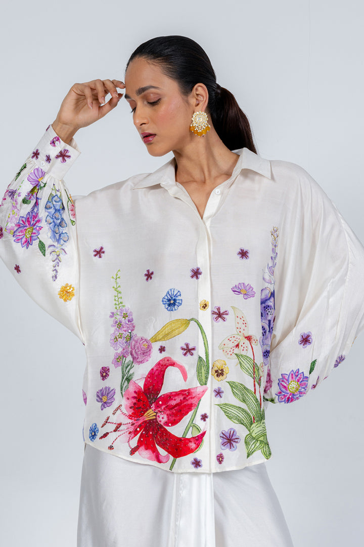 Valley Of Flowers Hand-Embroidered Shirt with Silk Satin Skirt in Ivory