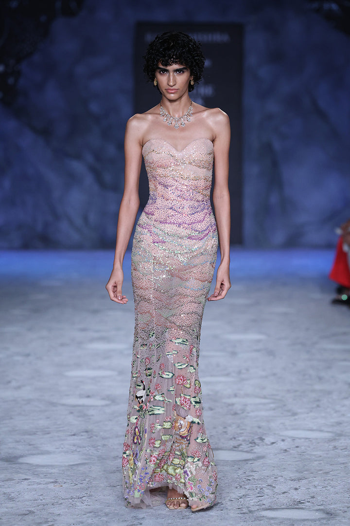 Pointillism Hand-Embroidered Gown in Blush Pink