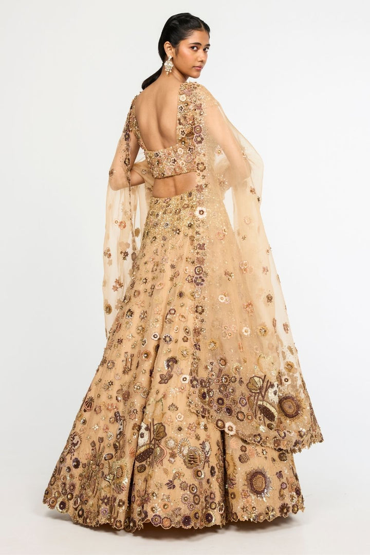Garden Of Time Hand-Embroidered Blouse with Dupatta &amp; Lehenga in Nude and Bronze