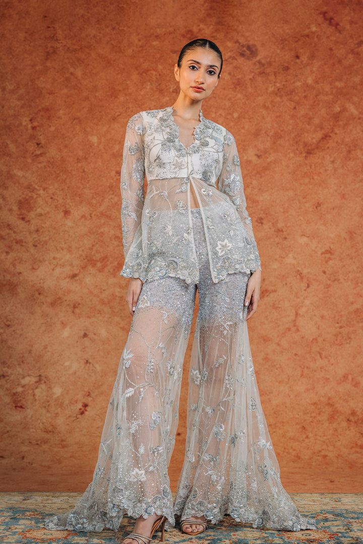 Anar Bel Hand-Embroidered Jacket with Hand-Embroidered Sharara in Ivory